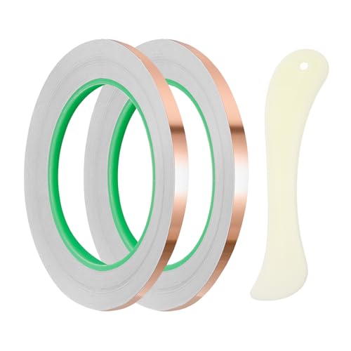 PATIKIL Copper Foil Tape, (0.39 Inch x 82 FT, Brass) (2 Set), Double Conductive Adhesive Tape with Correction Tool, Suit for - Guitar EMI/RFI Shielding/Electrical Repairs - size: 0.39 Inch x 82 FT