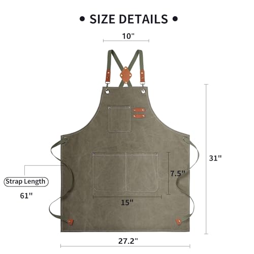 ZOMAO Cotton Canvas Cross Back Apron for Men and Women,Chef Apron With Adjustable Strap and Large Pockets,Kitchen Cooking Baking Bib Heavy Duty Work Apron - color: Grey Green