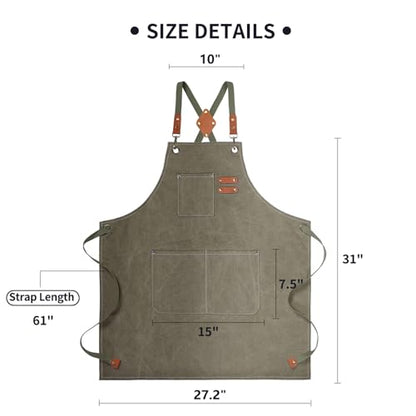 ZOMAO Cotton Canvas Cross Back Apron for Men and Women,Chef Apron With Adjustable Strap and Large Pockets,Kitchen Cooking Baking Bib Heavy Duty Work Apron - color: Grey Green