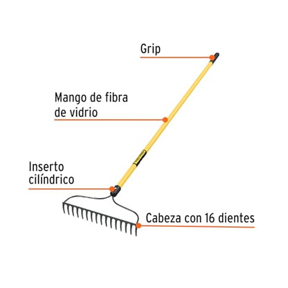 Truper Garden Rake, Fiberglass Handle, 16 Tines, 16 inch Head, 60 inch Length