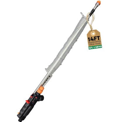 MY4SONS Garden Watering Wand for Outdoor Plants – Telescoping Water Wand with Coiled Hose, Heavy Duty Garden Hose Sprayer, Adjustable Long Wand, Stainless Steel, 14ft