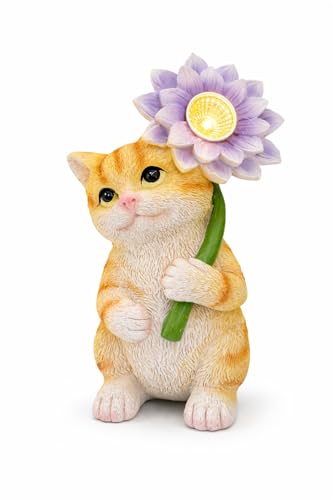 GoGnome Solar Cat Garden Statue with LED Flower for Mom Woman – 6.5‘’ Hand-Painted Resin Outdoor Kitten Figurine, Automatic Night Light, Yard Patio Lawn Decor (Kitten) - style: Kitten