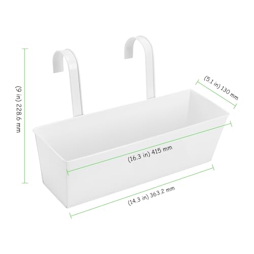 4 PCS Railing Flower Pots, 16 Inch Hanging Planter Box with Detachable Hooks, Balcony Hanging Planters for Deck, Fence, Garden Yard, Home Decor, White