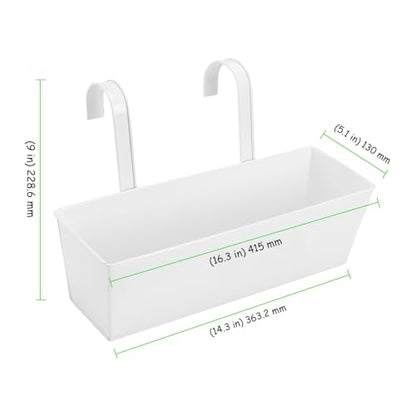 4 PCS Railing Flower Pots, 16 Inch Hanging Planter Box with Detachable Hooks, Balcony Hanging Planters for Deck, Fence, Garden Yard, Home Decor, White