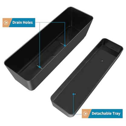 Window Box Planter with Tray, 12" Rectangle Plant Pot, Pack of 3 (Black) - color: Black