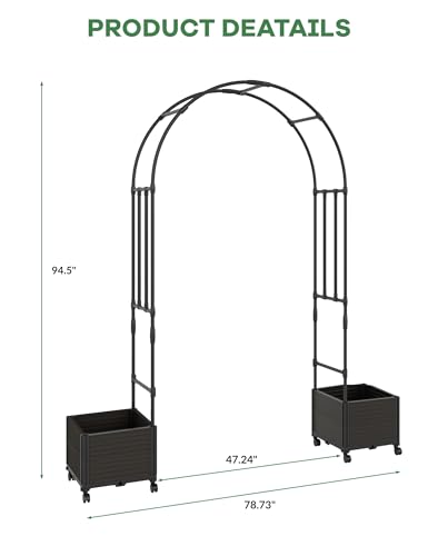 47" Rolling Garden Arch Trellis with Planter Box – Rustproof Metal Frame - size: Span 1.2