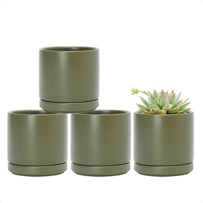 D'vine Dev 4-Pack Ceramic Pots with Saucers, Olive, 3.5 in, 94-X-A-0 - color: Olive, size: 3.5 Inch