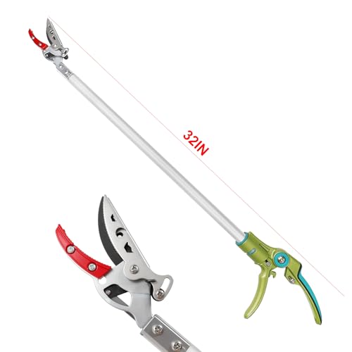 GARTOL 32 Inch Cut and Hold Pole Pruner - Lightweight Long Reach Tree Trimmer with Snip and Grip Technology, 1/2 Inch Cutting Capacity, One-Hand Use Fruit Picker for Roses, Persimmons & Tall Branches