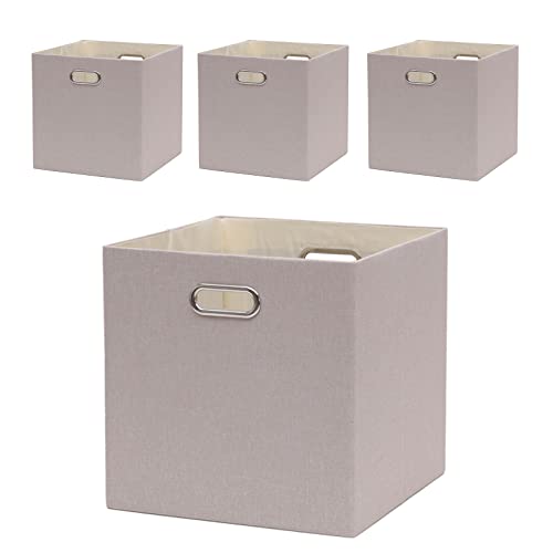 13x13x13 Inch Foldable Cube Storage Bins with Metal Handles, 4 Pack - color: Beige brown, size: 13 IN (4 Pack)