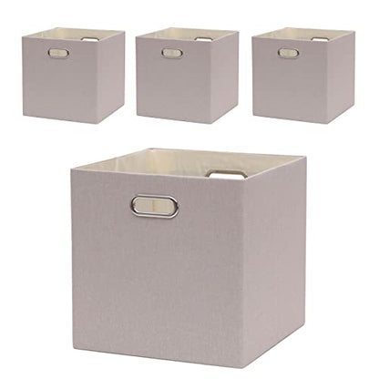 13x13x13 Inch Foldable Cube Storage Bins with Metal Handles, 4 Pack - color: Beige brown, size: 13 IN (4 Pack)