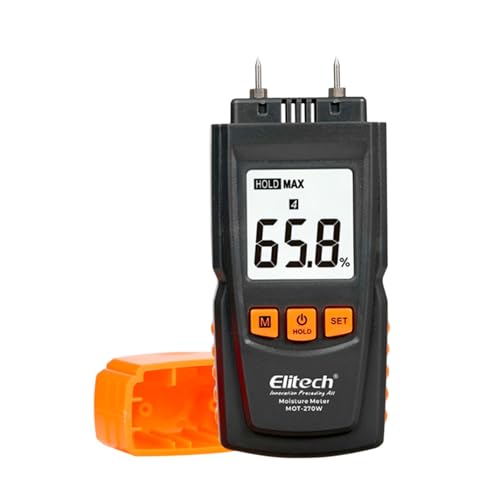 Elitech Digital Moisture Meter Water Leak Detector with Pin Probes, Moisture Tester for Wood Floors Walls with 4 Wood & Material Modes, Hold Function, Max/Min Reading MOT-270W