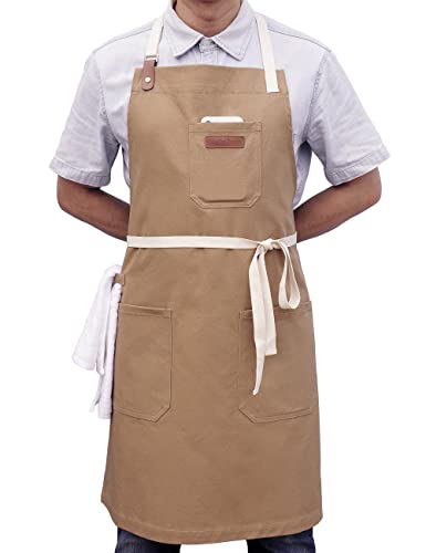 Kitchen Apron for Cooking, with Pockets & Towel Loop - color: Light Tan