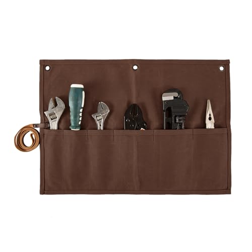 Chisel Roll,Small Tool Roll Pouch,Tool Roll Bag Organizer, Heavy Duty Waxed Canvas Tool Bag, Multi-Purpose Roll-Up Storage Bag for Hand Tools Holder with 6 Pockets Wrench Roll Up Pouch - color: Dark Brown