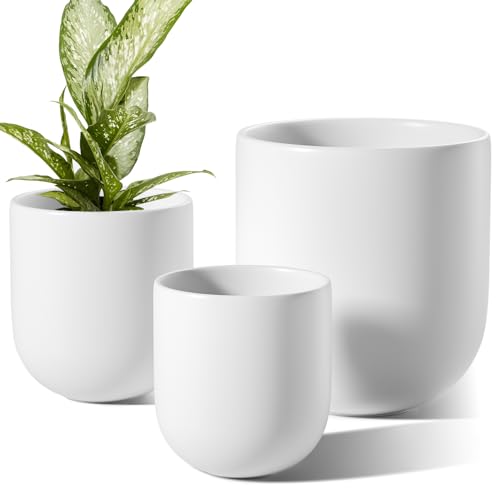LE TAUCI 6+8+10 Inch Ceramic Pots for Plants, Plant Pots Indoor with Drainage Hole and Plug, Planter Pots for Home Office Room Patio, Set of 3, White - color: White