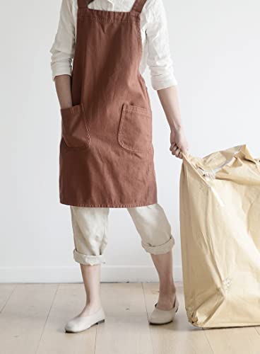 Japanese Cotton Linen Cross Back Apron with Pockets,Fashion Pinafore Dress for Gardening Painting Cleaning Cooking - color: Red