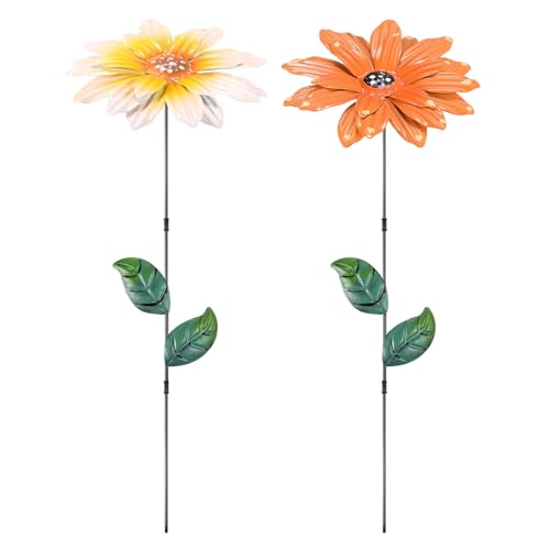 M METERXITY 2 Pack Large Flower Garden Decor Stakes, 13 Inch Waterproof Metal Garden Stakes Spring Decorative for Indoor/Outdoor/Lawn/Bed/Bouquets/Patio/Terrace/Home Decor [1 Yellow & Orange] - color: 1 Yellow & Orange
