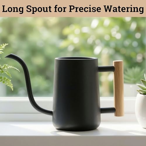 Metal Small Indoor Watering Can with Long Spout & Real Wood Handle, 35oz - color: Black