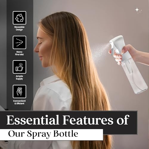 1 Pc Continuous Spray Bottle For Hair (10 Oz/300ml) | Ultra Fine Consistent Mist | Leak Resistant | Easy Press Design | No Clogging | Durable Spray Bottles For Hairstyling, Barber, Plants & Cleaning.