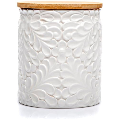 25DOL Small 30 Oz Engraved Ceramic Kitchen Canister, Airtight Bamboo Lid
