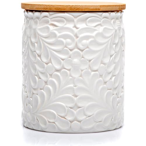 25DOL Small 30 Oz Engraved Ceramic Kitchen Canister, Airtight Bamboo Lid