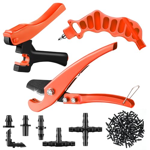 Feekoon Drip Irrigation Hole Punch Tool, 2 in 1 Drip Tubing Punch and Fitting Insertion Tool for 1/4 Inch Emitters, 16 20 25mm PE Pipe, Garden Repair(Orange,230 Irrigation Plugs) - color: Orange