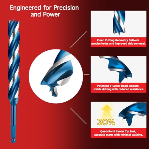 2-Pack 1/2" x 9" Wood Auger Drill Bits, 3-Flute Hex Shank Sets - size: 1/2" x 9"