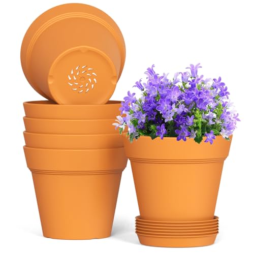 WSMKSZ 6 Inch Thick Plastic Plant Pots with Drainage Holes and Trays – 6 Pack Nursery Pots for Indoor & Outdoor House Plants, Seedling Starter Planters for Garden Flowers, Terracotta - color: Terracotta, size: 6in 6pcs
