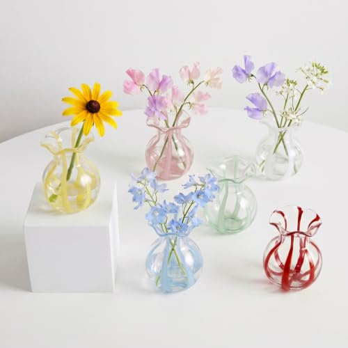 6-Piece 4.5" Ruffled Ribbon Small Vases for Flowers Hand-Blown Glass Vases