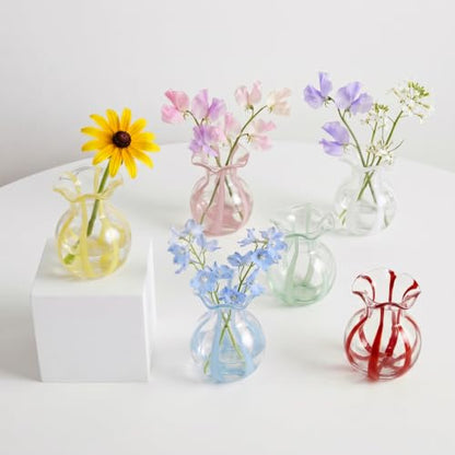 6-Piece 4.5" Ruffled Ribbon Small Vases for Flowers Hand-Blown Glass Vases