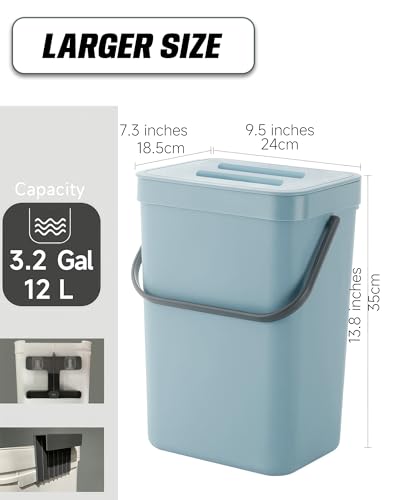 3.2 Gallons Kitchen Compost Bin, Hanging Trash Can with Lid 12L/Blue - color: BLUE, size: 12 L / 3.2 Gal - Lid