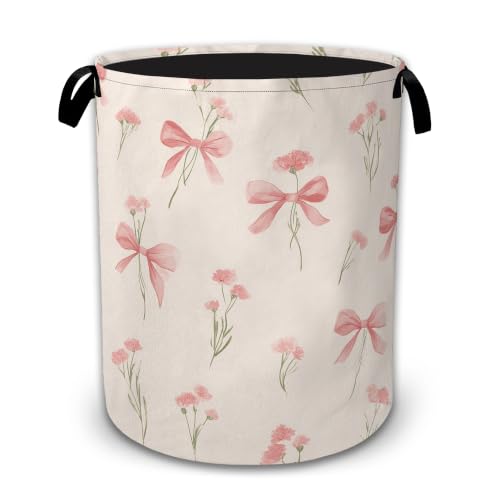 Pink Bow Wildflower Laundry Basket with Handles, Foldable Tall Oxford Clothes Hamper, Lightweight Water-Resistant Storage Bin for Bedroom Bathroom College Dorm, 16 x 20.8 Inch - color: Pink Bow Wildflower
