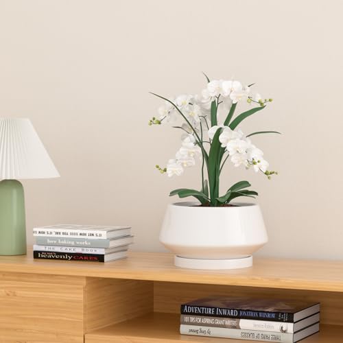 8.3 Inch White Ceramic Planter with Drainage Hole and Saucer - color: Gloss White, size: Medium