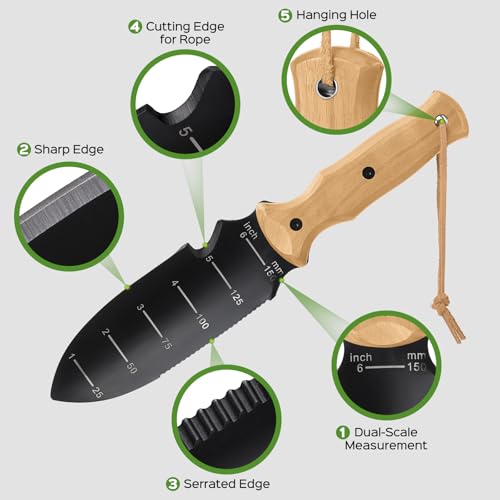 Garden Tools Trowel with EDC Sheath, 7" Garden Knife, Gifts for Women Mom - color: Black & Beech