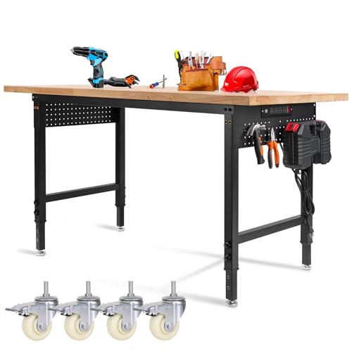Height Adjustable Workbench with Wheels 60”×22” Heavy Duty Work Table 2000 LBS Capacity Rolling Work Table Rubber Wood Work Station with Power Outlet & Pegboard for Garage, Office, Workshop - size: 60"| Metal Casters│Power Outlets│Pegboard