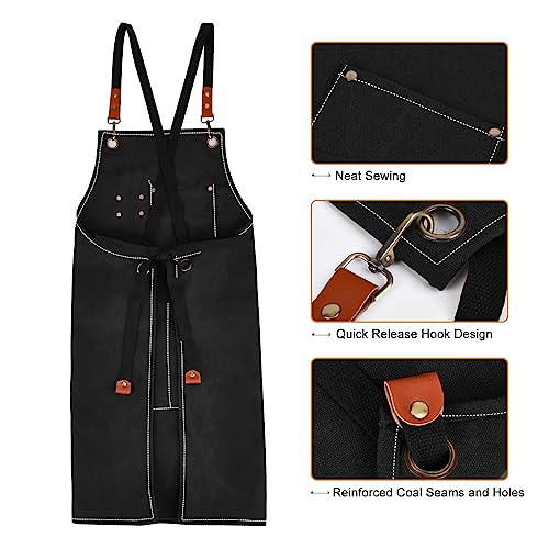 APRONPANDA Cross-Back Chef Aprons for Men Women with Pockets,Cotton Canvas Adjustable Cooking Work Apron for Kitchen - color: Black