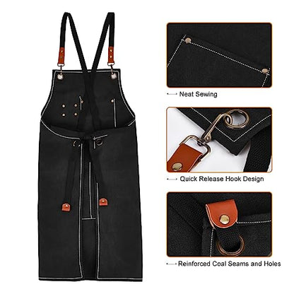 APRONPANDA Cross-Back Chef Aprons for Men Women with Pockets,Cotton Canvas Adjustable Cooking Work Apron for Kitchen - color: Black