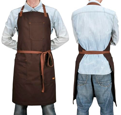 Mens Womens Kitchen Apron with Pockets & Towel Loop, Brown - color: Brown