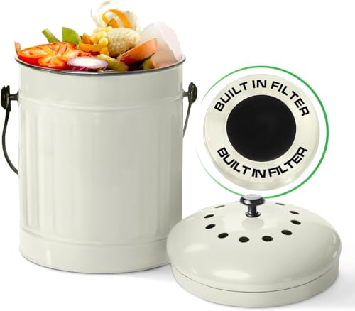 Plexon 1.5 Gallon Kitchen Compost Bin with Lid – Odorless Countertop Food Waste Container, Off-White Steel Compost Pail with Charcoal Filter, Indoor Metal Bin for Home Composting, Off-White Color