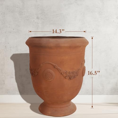 Worth Garden Large Urn Planter - 14" Dia x 16.5" H Lightweight Magnesium Oxide Plant Pot with Cement Texture - Rust-Like Finish Concrete Urn Planter with Drainage Hole for Indoor & Outdoor Decor