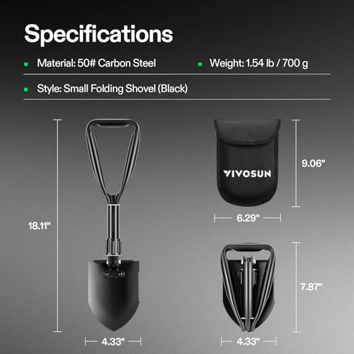 VIVOSUN Folding Camping Shovel, 18'' Survival Shovel with High Carbon Steel - size: 18" Black