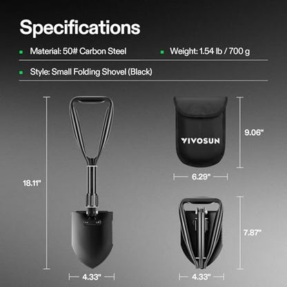 VIVOSUN Folding Camping Shovel, 18'' Survival Shovel with High Carbon Steel - size: 18" Black