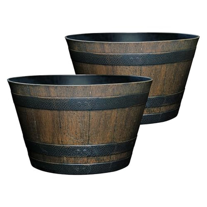 Whiskey Resin Flower Pot Barrel Planter,20.5" Walnut Brown,2-Pack
