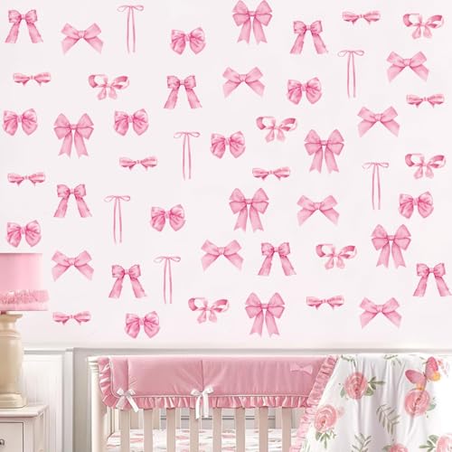 Arawat 8Sheets/56 Pcs Pink Coquette Bow Room Decor for Bathroom Women Bedroom Aesthetic Room Decor Bow wall Decoration for Bedroom Pink Bows wall Stickers Decals Peel and Stick - color: #J 8 Sheets Bowtie Wall Stickers
