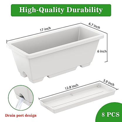 8pcs Rectangle Window Boxes Planters, 17 Inches Long Window Sill Planter Box Outdoor, Plastic Rectangular Window Flower Herb Pots Indoor with Drainage Holes and Trays for Garden Windowsill Light Grey - color: Light Grey
