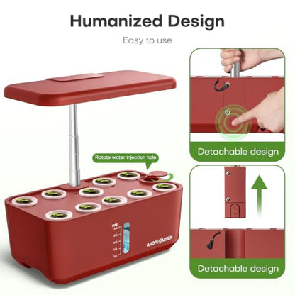 Ahopegarden Hydroponics Growing System: 10 Pods Indoor Herb Garden with LED - color: Red