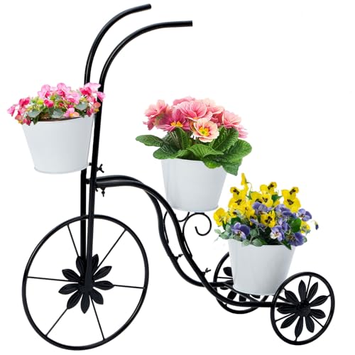 LEWIS&WAYNE Metal Tricycle Planter, 3 Tier Floral Flower Plant Stand Holder Hand Painted Outdoor Garden Patio Decor - color: White, Multicolor