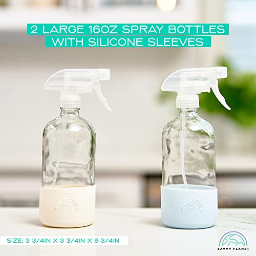 SAVVY PLANET - Glass Spray Bottles for Cleaning, Silicone Sleeve Bottom for Protection, Reusable Glass Spray Bottles 16 Oz With Adjustable Nozzle Settings (2 Pack) - color: Charcoal Gray & Cream White
