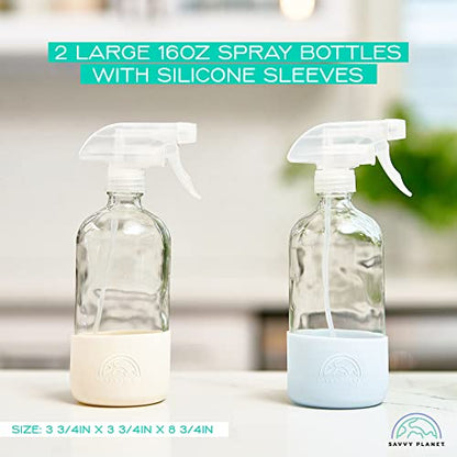 SAVVY PLANET - Glass Spray Bottles for Cleaning, Silicone Sleeve Bottom for Protection, Reusable Glass Spray Bottles 16 Oz With Adjustable Nozzle Settings (2 Pack) - color: Charcoal Gray & Cream White