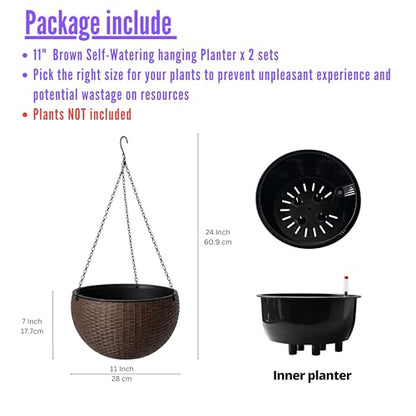 LaLaGreen Hanging Planters (11in, 2 Pack) Self-Watering Hanging Flower Pots - color: Brown X 2