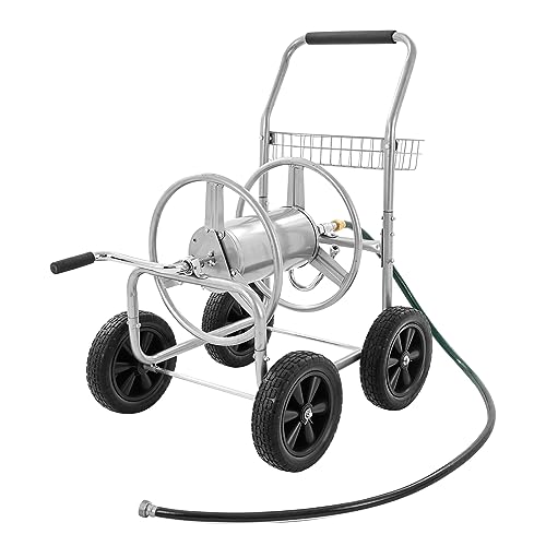 VEVOR Hose Reel Cart, Hold Up to 300 ft of 5/8’’ Hose, Garden Water Hose Carts Mobile Tools with 4 Wheels, Heavy Duty Powder-Coated Steel Outdoor Planting with Storage Basket, for Garden, Yard, Lawn - size: 300 ft